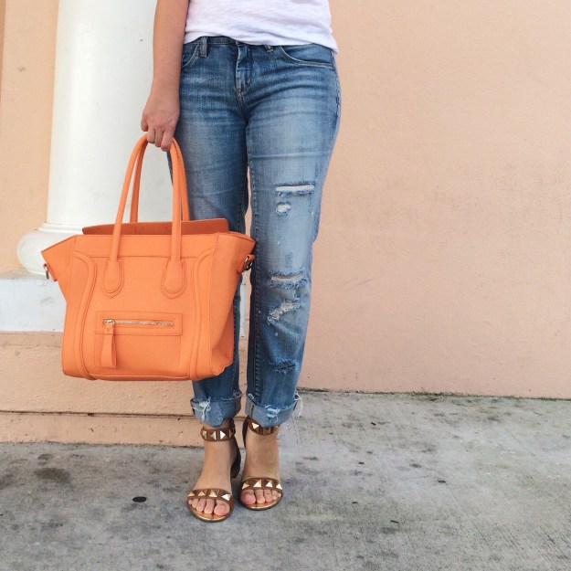 A Pretty Penny Blog Distressed Jeans Orange Handbag