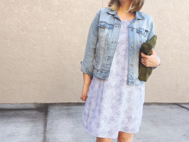 Old Navy dress with Lucky Brand denim jacket and BAGGU suede clutch, OOTD, style blog