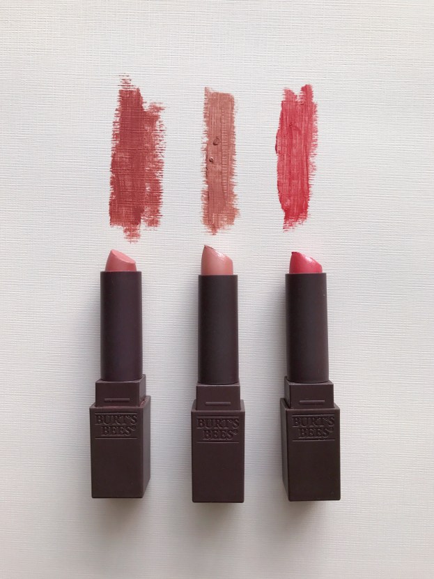 The Best Clean Lipstick At The Drugstore, Burts Bees Lipstick in #501 Blush Basin, #500 Nile Nude and #523 Sunset Cruise